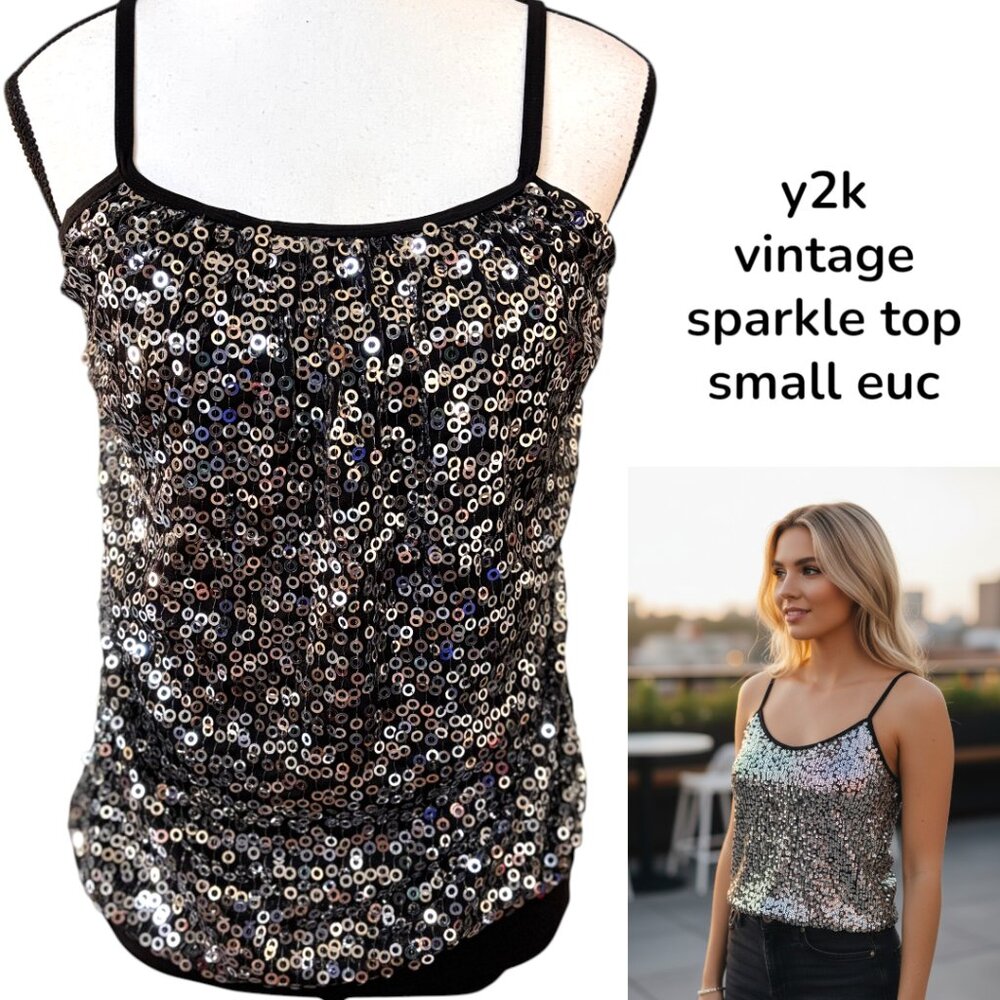 y2k vintage BLACK SEQUIN SPARKLE STRETCHY CAMI TOP SMALL EUC